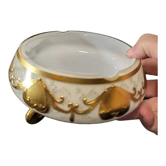 VTG Bohemian Czech Opaline Glass Bowl with Gold Motif Smoke Bowl/Candy Bowl READ - Picture 11 of 16